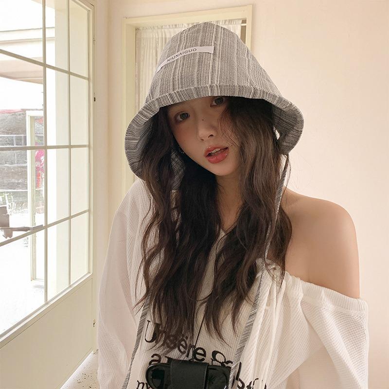 Small Fresh Striped Fisherman's Hat Children Summer Versatile Large Brim Strap Face Covering UV Protection Baby Hat Basin Hat