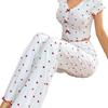 Women's Printed Heart V-Neck Pajama Set - Short-Sleeve Top & Long Pants, Double Layer Gauze, Suitable for Outdoor Wear