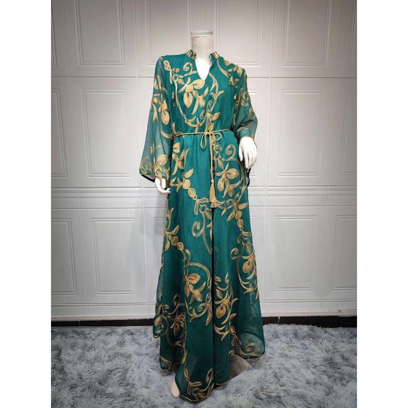 

Western Style Embroidered Mesh Belt Dress Fashion Party Guest dresses Embroidered Mesh Dress Green 2XL