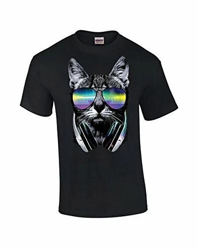 Neon Cat in Glasses with Headphones Funny Adult Tee Shirt Black 2XL