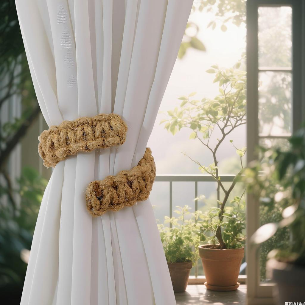 Outdoor Curtain Tiebacks, Curtain Ties (4 Pack) - Boho Braided Farmhouse Rustic Flexible Rope Drapes Holder, Burlap Elegant Light Curtain Holdback