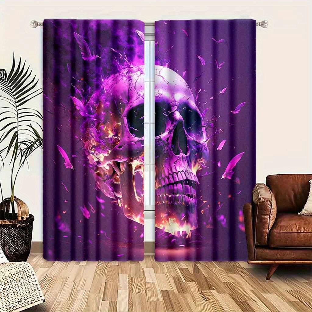 2pcs Skull Pattern Curtains Decorative Grommet Top Window Drape Window Treatments For Bedroom Living Room Home Decor Cortinas