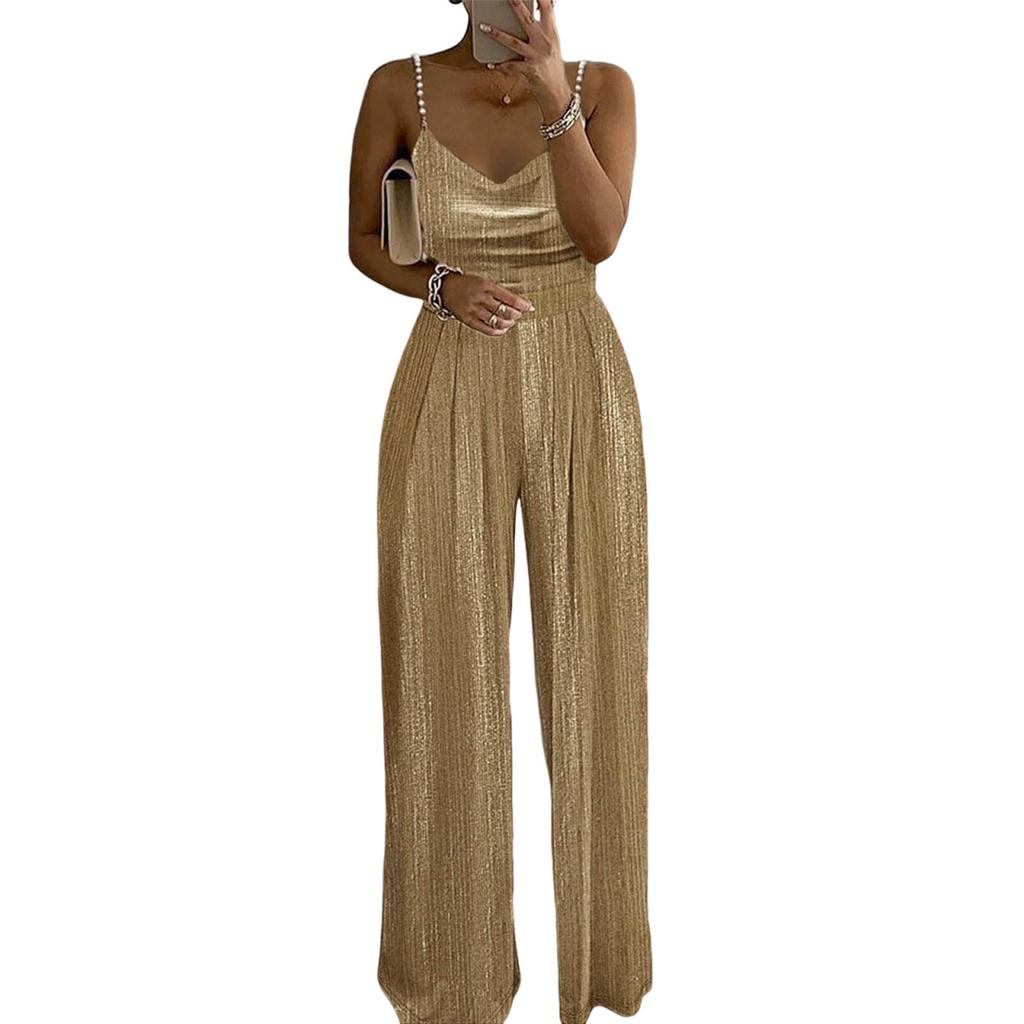 Women's FashionAble And Casual Loose  Color Wide Leg Pants Waist Cinching Elegant Suspender Bead Jumpsuit
