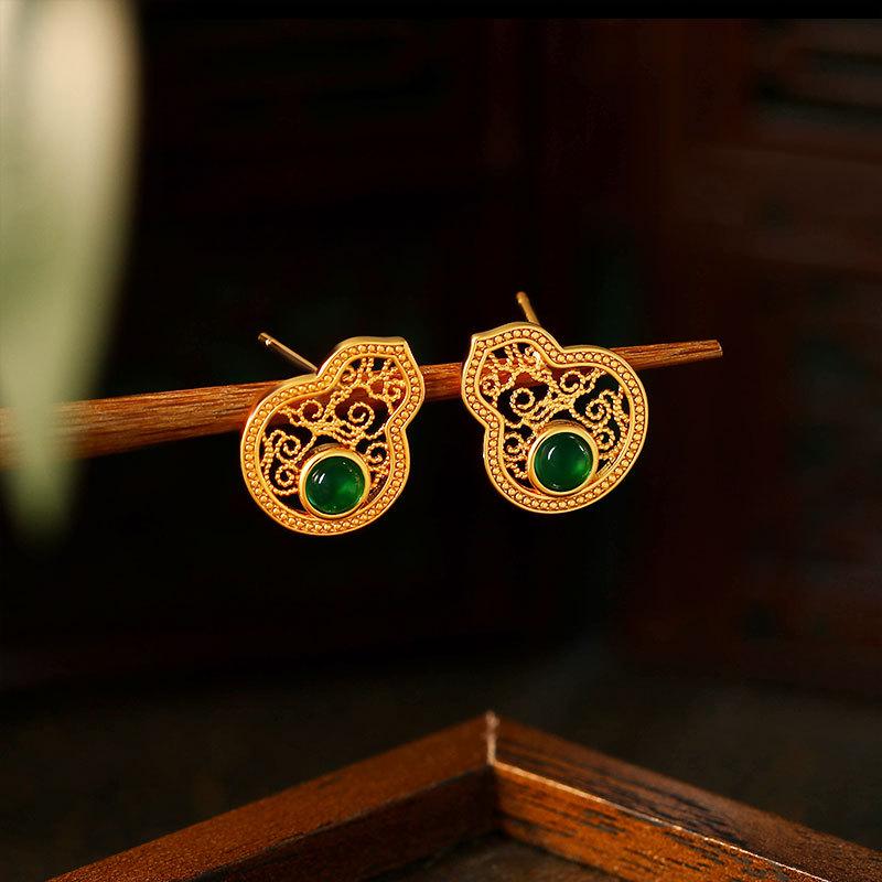 New Chinese Gourd Fulu Filigree Stud Earrings: Stylish High-End Emerald Design