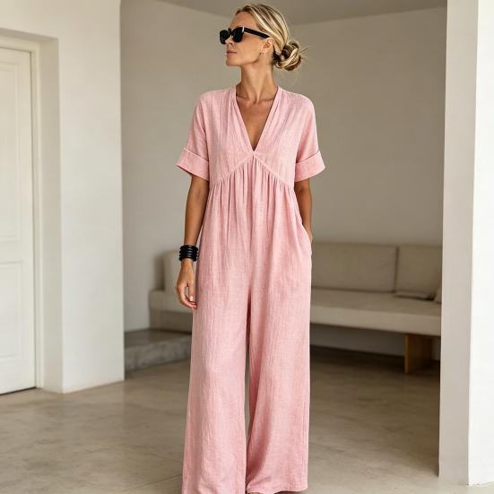 Sommer Baumwoll-Leinen Maxikleid für Damen Lässiges V-Ausschnitt Kurzarm A-Linien Kleid Strandurlaub Fließendes Sommerkleid mit Taschen