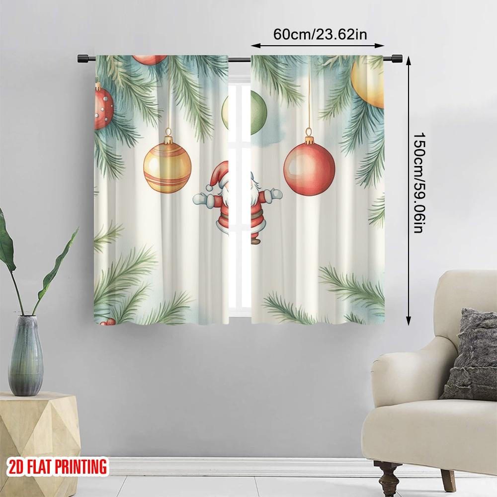 2pcs,2D Plane Printing Window Curtain Christmas Ornaments Santa Claus Watercolor Durable 100% Polyester Fabric (without Rod)