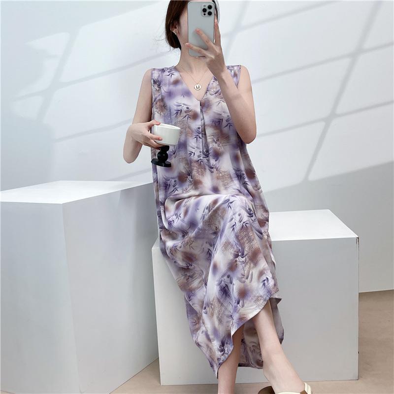 Cotton and silk sleeveless nightdress women's summer thin floral new super good-looking dress medium and long small fresh loungewear
