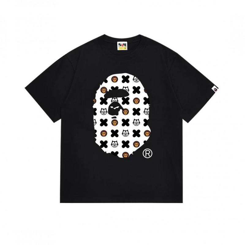 Mens Streetwear Oversized Cotton Tee With Camo Shark Ape Graphic Print Casual T-Shirt