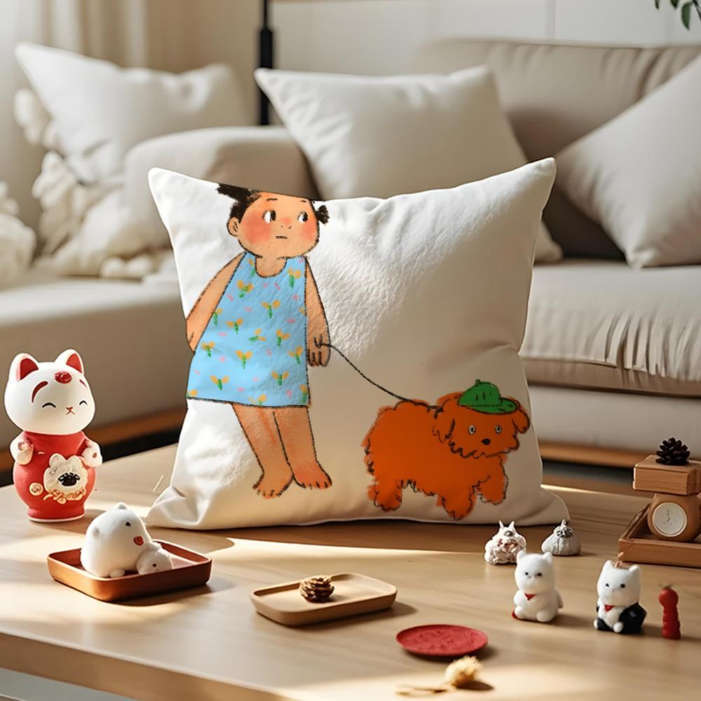 Illustrations Of Everyday Life Cushion Cover Anti-dustmite Pillowcase Invisible Zipper Silky Short Plush Sofa Cushion Cover