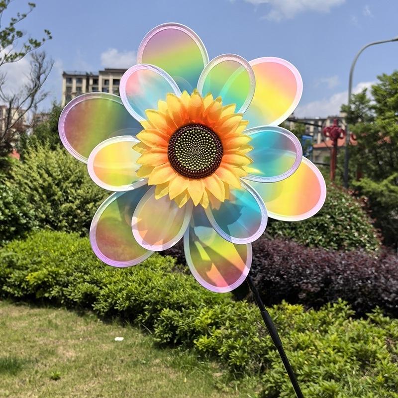 1 Piece Colorful Film Illusionary Flame Color Changing Sunflower Windmill Double-Layer Wind Spinner Kids Toys Garden Decor