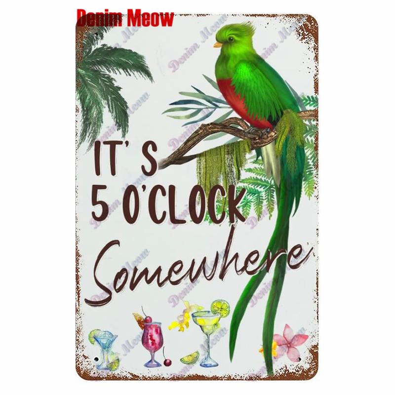 Metal Tin Sign Wall Decor, Vintage Parrot Cocktail Bar Plates, Kitchen Painting Decor, It's 5 O'clock, WY23