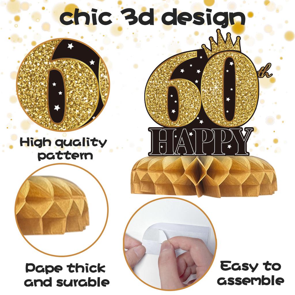 Party-Dekorationen zum 60. Geburtstag, schwarze und goldene Waben-Papier-Geburtstagsornamente, Festival-Dekorationen zum 60. Jahrestag