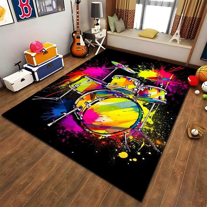 Colorful Drum Set Splash Art Carpet with Vibrant Black Background Style Suitable for Use As an Anti-slip for Living Room Bedroom Sofas