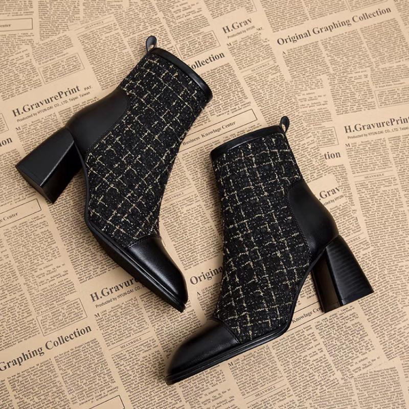 Мода 2024 Зима Новые Тупой носок Маленький ароматный стиль Сборка Боковая молния — фото 3