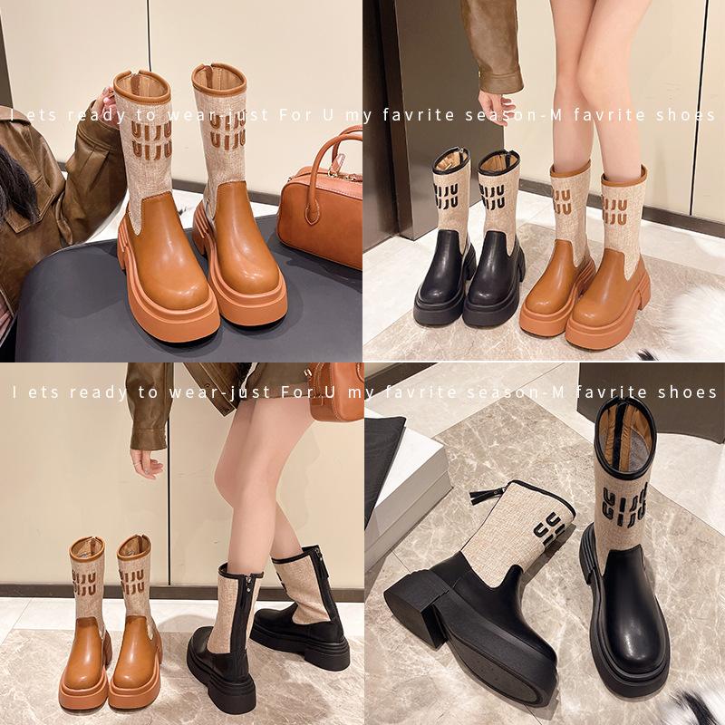 Thick-soled letter boots women's 2024 new western cowboy vacation style heightened and thin medium tube knight boots Martin boots