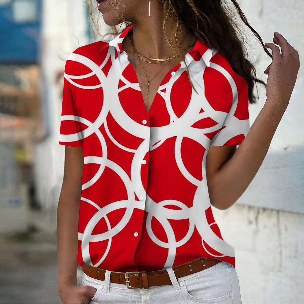 2025 Summer New Fashion Women's Geometry Printed Short Sleeve V-neck Casual Button-down Shirt Top