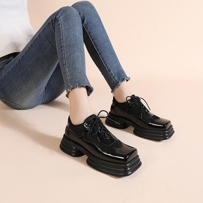 Loafers New Thick -Soled Sponge Cake Retro British Style Small Leather Shoes Women 'S Square Head Thick Heel Single Shoes College Style