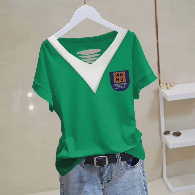 Women's 2024 Summer Cotton V-neck Short-Sleeve Top - Versatile, Loose, Slimming, Plus Size, Chic Korean Style T-shirt