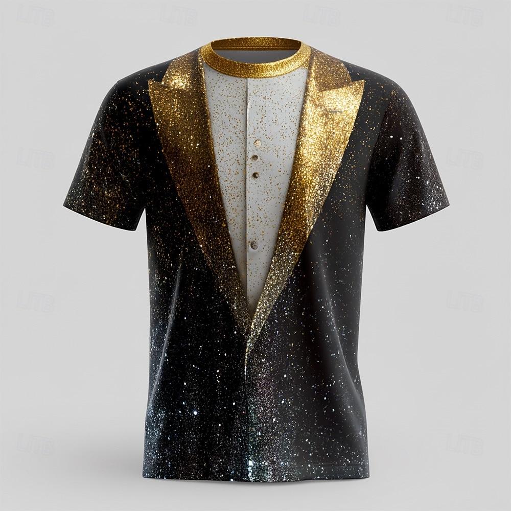 

2025Christmas Gold Tuxedo 3D T Shirt for Men, Funny Sparkling Suit Style, Holiday Party Outfit for Xmas Gathering or Celebration 6XL