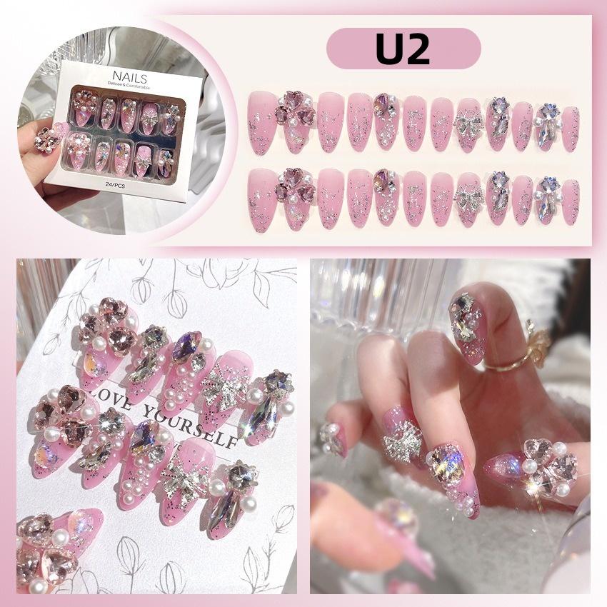 White Blue Color 3D Rabbit Star Rhinestone Designs-Full Cover Acrylic False Nails for Women and Girls Detachable Long Fake Nails
