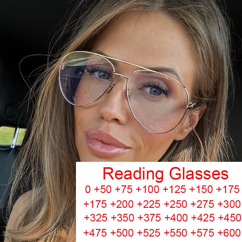 Occhiali da Lettura Pilot Oversize Design Marca di Lusso Uomo Donna Lenti HD UV400 Protezione Occhi Blu Metallo Dorato Occhiali