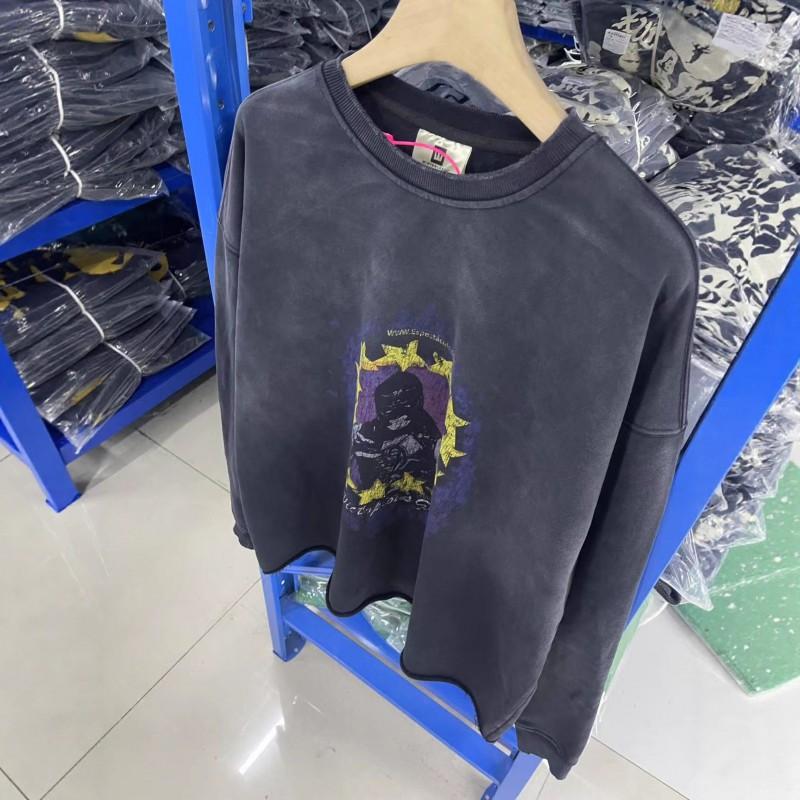 Vintage Washed Cotton Hoodie Mens Loose Fit Streetwear Graphic Print Round Neck Sweatshirt Fall