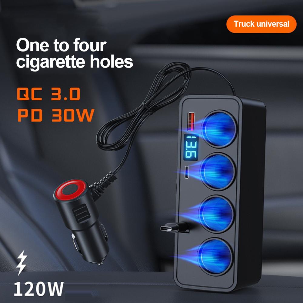 Adaptador de Acendedor de Cigarros para Carro 120W QC3.0+PD30W Carregamento Rápido com Cabo Retrátil Display de Tensão Carregador USB para Carro 12V/24V