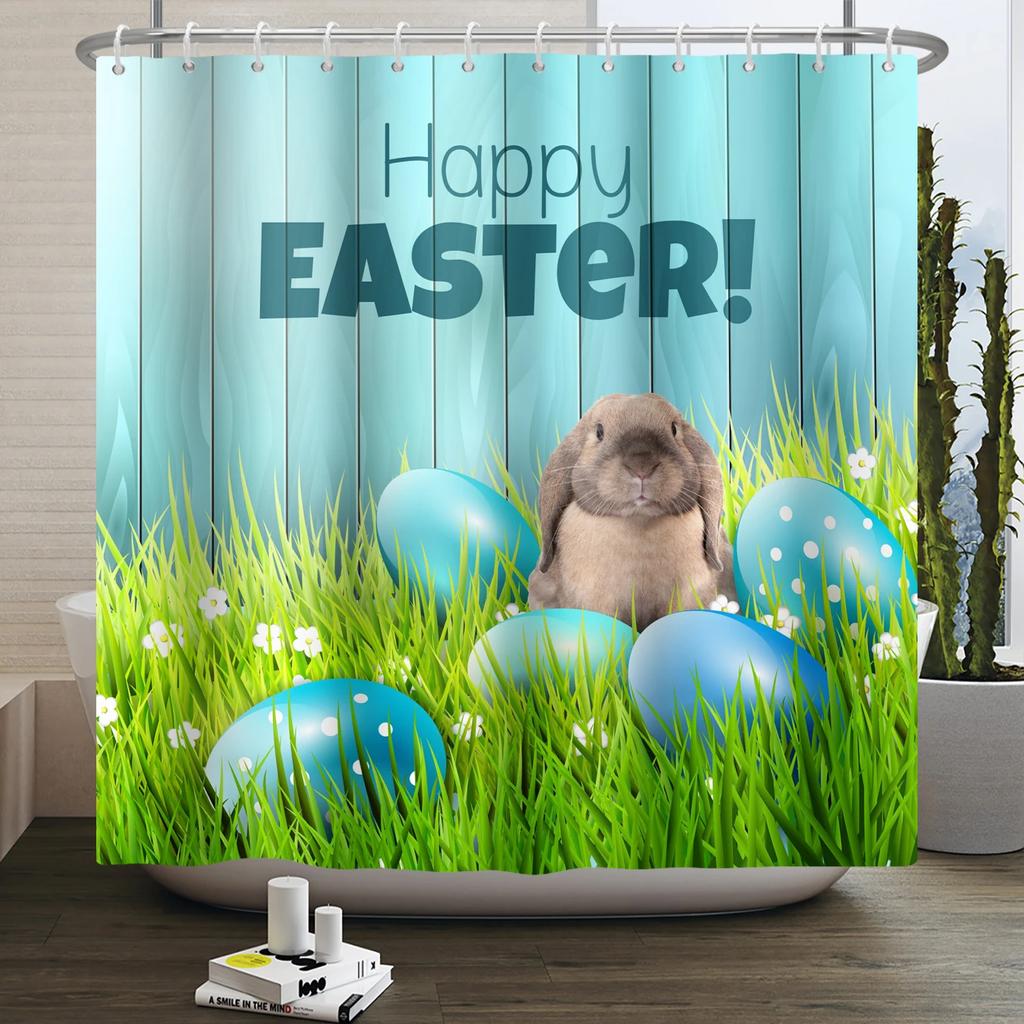 Spring Easter Shower Curtain Happy Rabbit Bunny Eggs Flower Garden Floral Holiday Waterproof Bathroom Shower Curtain With Hooks