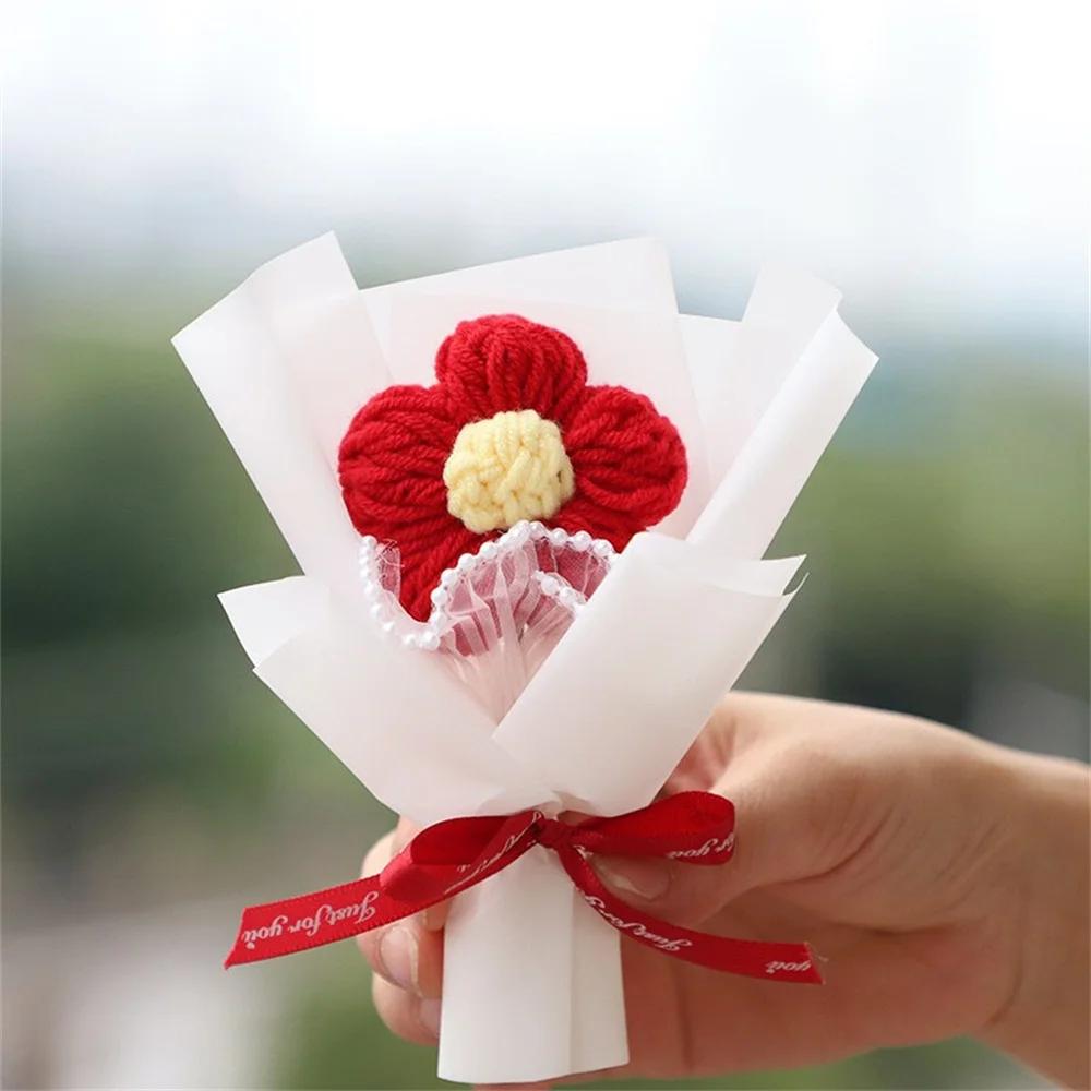 Single Woolen Knitted Flower Bouquets Rose Puff Sunflower Crochet Fake Flowers Small Home Decor Valentine's Day Gifts
