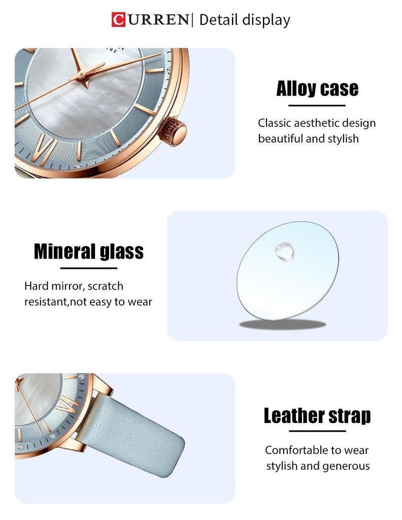 CURREN 9080 Damen Ultraflache Perlmutt Zifferblatt Wasserdichte Uhr mit Lederarmband