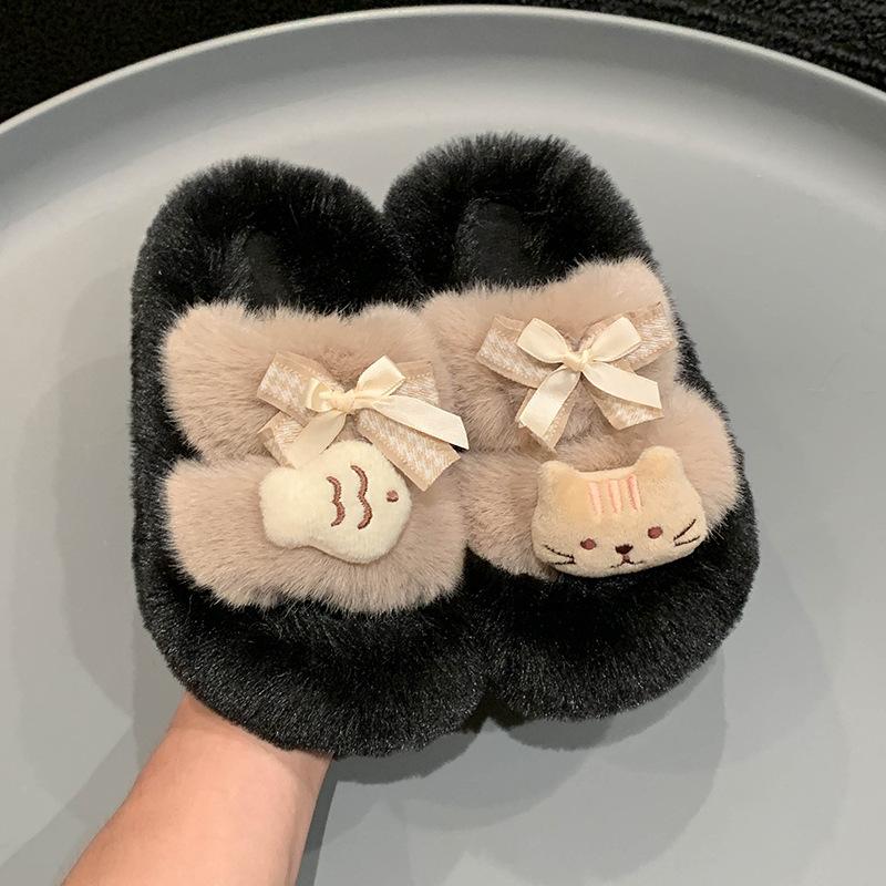 Soft cute kitten thick-bottomed fluffy slippers girl autumn fashion outer wear flanged children's cotton slippers woman
