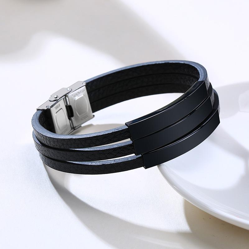 Personalized Mens Black Leather Bracelets ID Tag Customized for Men Women Dad Bracelets Wristband
