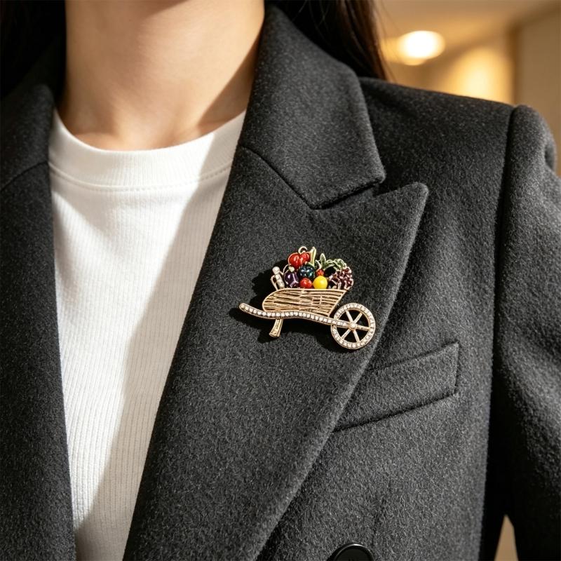 Harvest Wheelbarrow Brooch with Pumpkin and Vegetable Design, Antique-Look Alloy Pin with Raised Multicolor Details for Sweaters and Coats