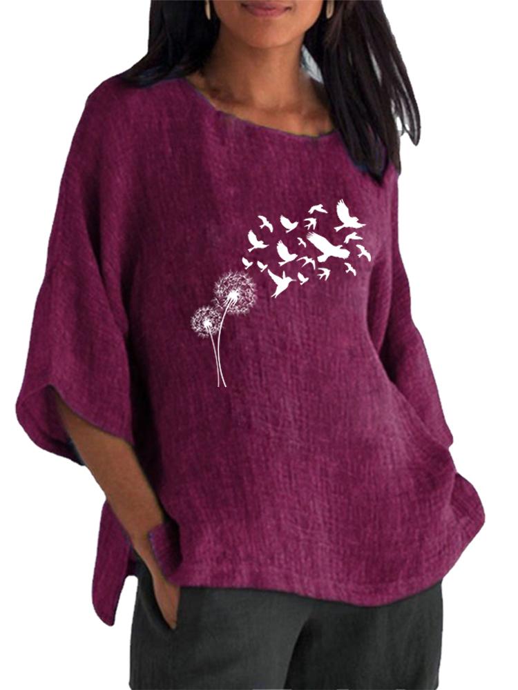 

Women Fashion Cotton Linen Blouse Spring&summer Round Neck 3/4 Long Sleeve Shirt Ladies Pullover Loose Tops 5XL