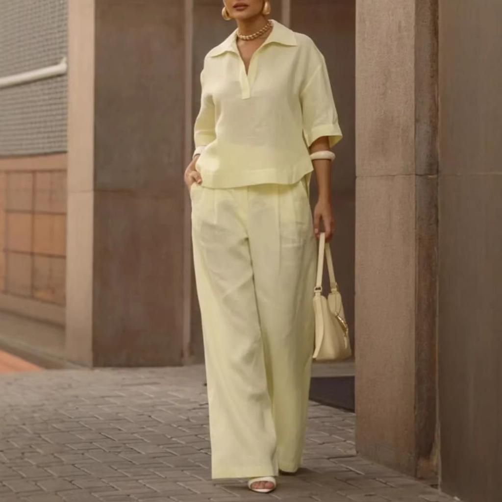 Women's Loose Two Piece Matching Suit Three Quarter Sleeve Polo Collar Blouse High Waist Wide Leg Pant Set