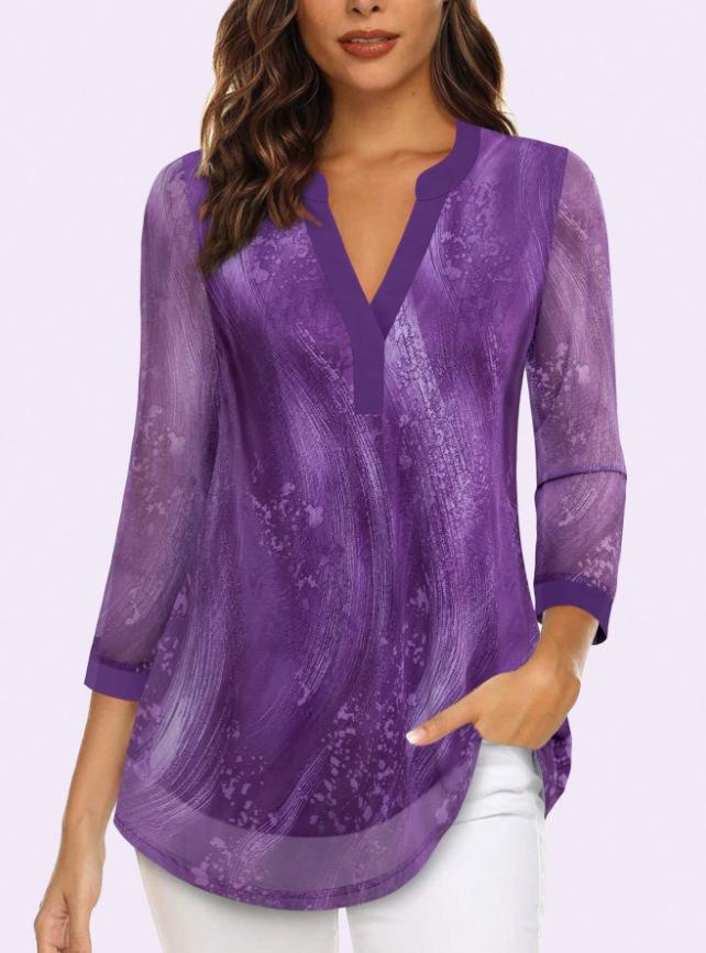 Women's European & American V-neck 3/4 Sleeve Printed Chiffon Loose Plus Size Top