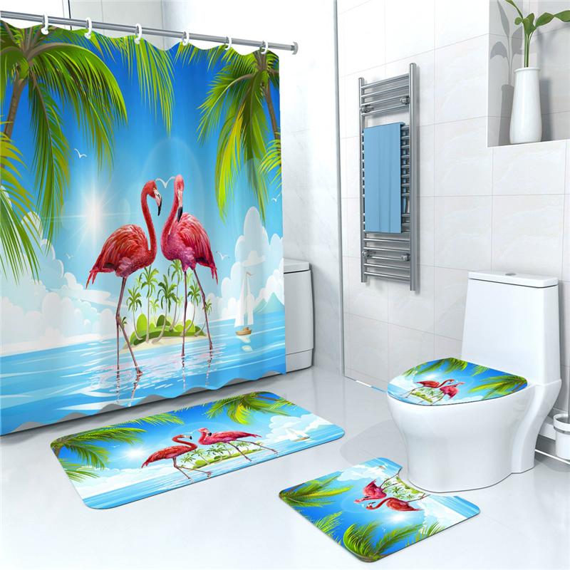 3D-Druck Duschvorhang Wasserdichter Polyester Badezimmervorhang Anti-Rutsch-Badematten-Set Wc-Teppiche Teppich Home Decor 4PCS