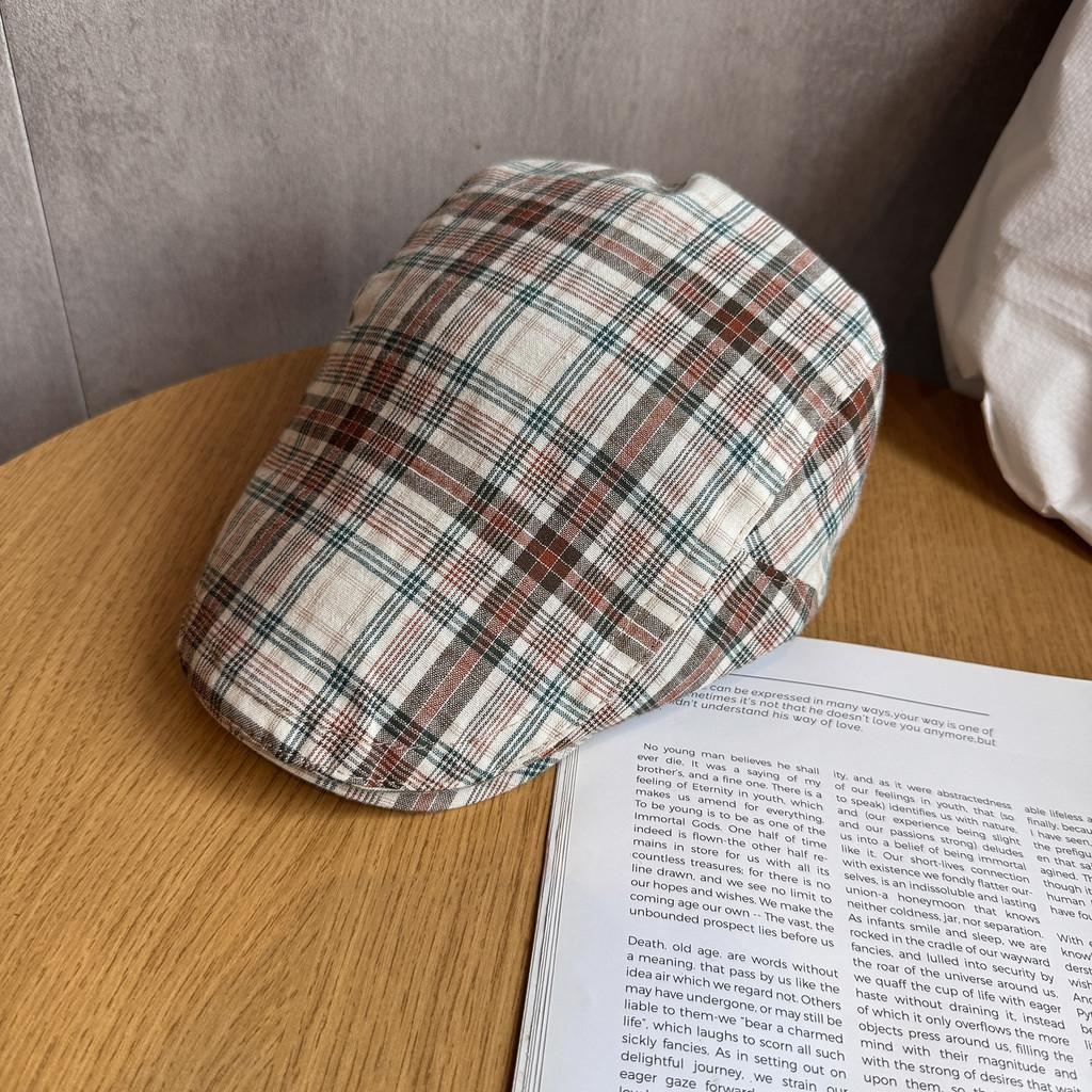 Women Grid Summer Beret Hat Short Brim Cotton Blend Material Sun Sunlight Block