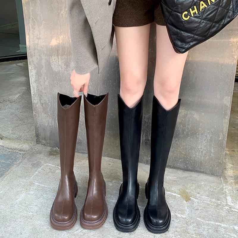 V-mouth rear zipper but knee boots women's small thick-soled high boots knight boots -