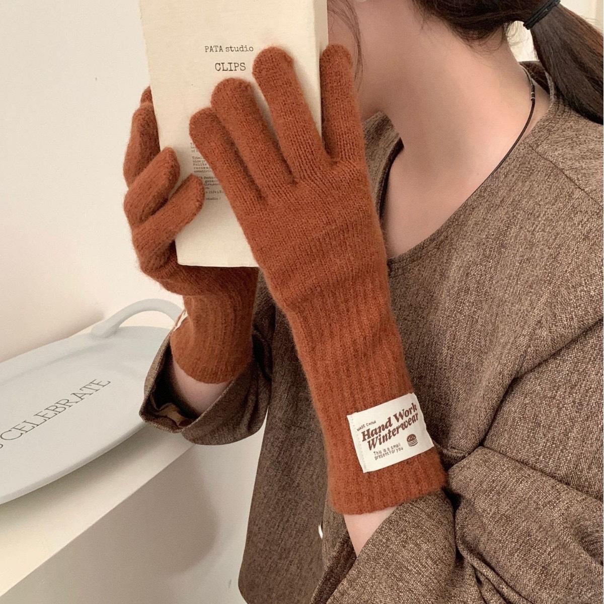

Lady ColdSeason Gloves Touch Screen Finger Exposed Solid Color Warm Knitted Long Windproof Five Finger Riding Korean Style Trendy Couples