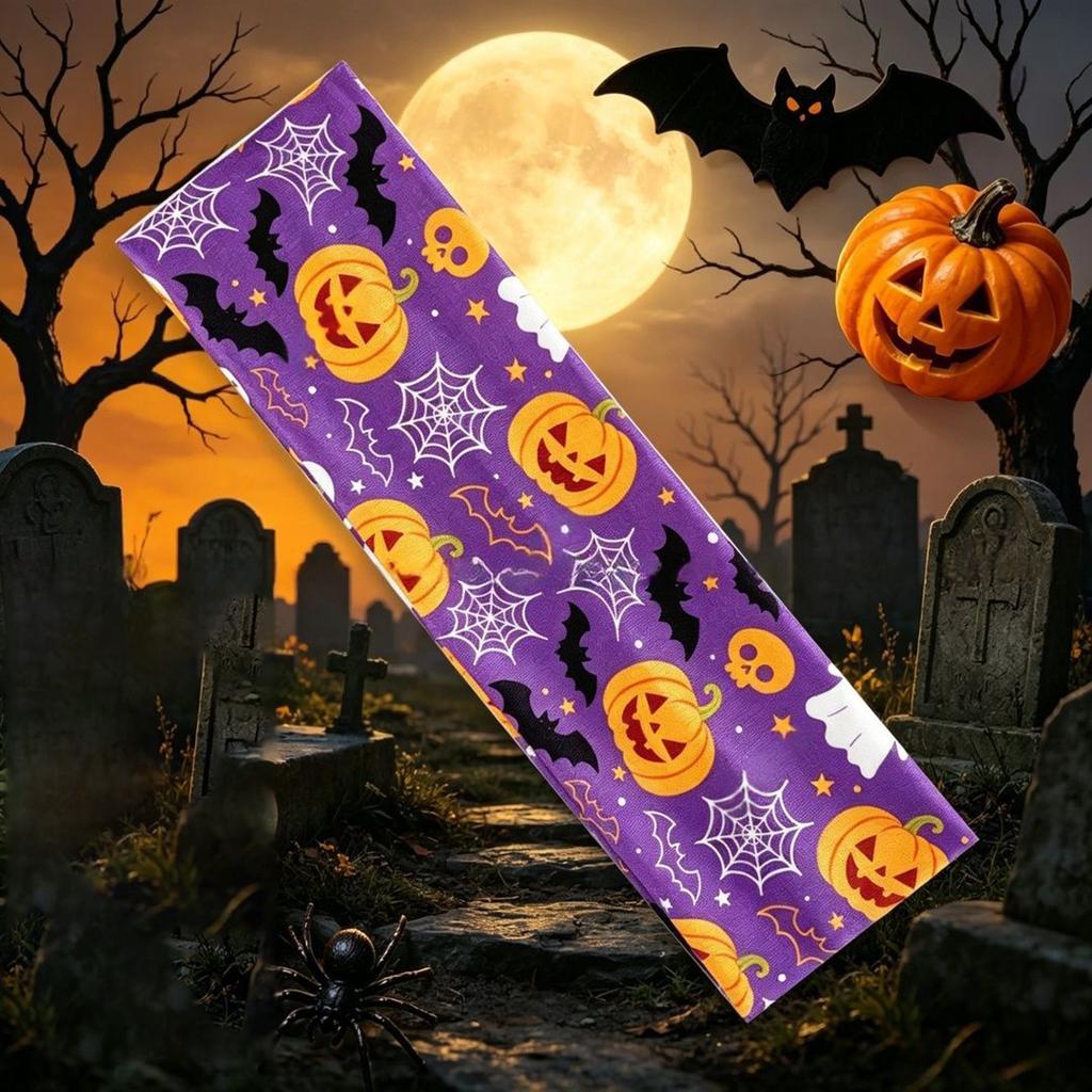 Halloween Themed Headband for Women Stretchy Party Headwear Ghost Pumpkin Spider Web Bat Print Fashion Hair Accessory