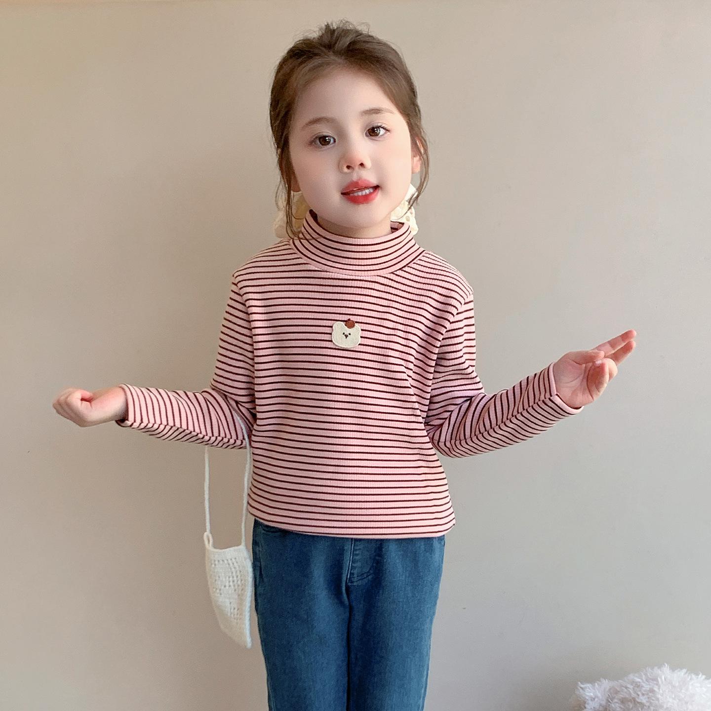 

Girls Fleece-Lined Striped Long-Sleeve Top - 2024 New Fashionable Autumn/Winter Base Layer 120 cm рожевий