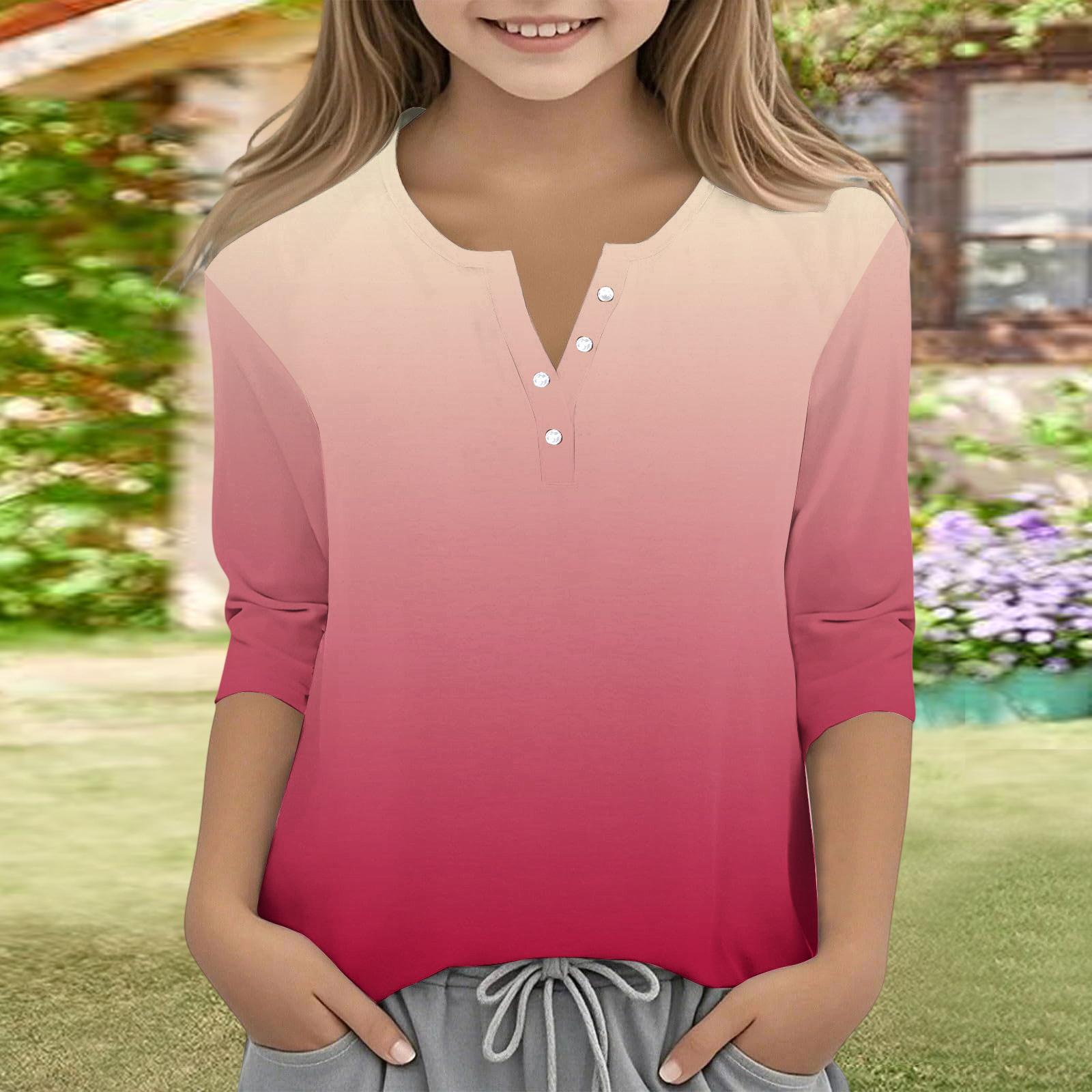 

Print Tops For Youth Girls V Neck Button 3/4 Sleeves T-Shirts Trendy Tops Outfit Tees 160 кавун червоний колір