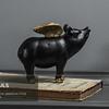 Creative Cute Black Flying Pig Statue Animal Resin Sculpture Home Decoration Wine Rack Bookshelf Desktop Ornament Pig Figurine