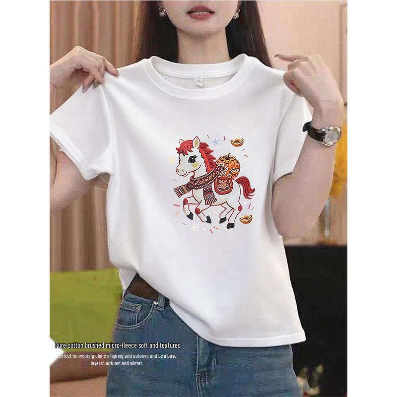 Women's 2026 Pure Cotton Short-Sleeve T-Shirt, Fashionable Red Top, Versatile Base Layer for Spring, Summer, Autumn