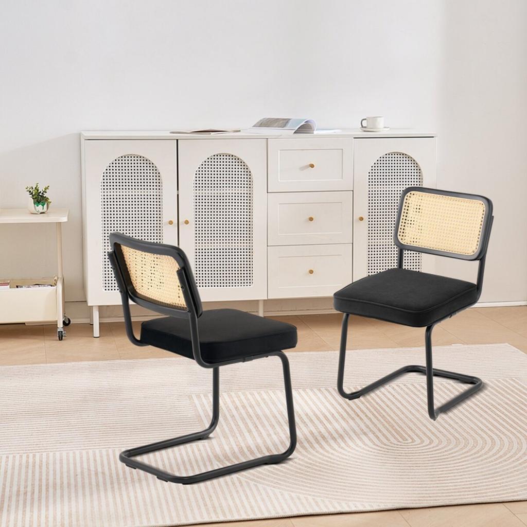 Rattan Chairs, Set of 2, Mid Century Modern Dining Chair, Upholstered Velvet Accent Chair with Rattan Back, Retro Dining Room Kitchen Chair for Living