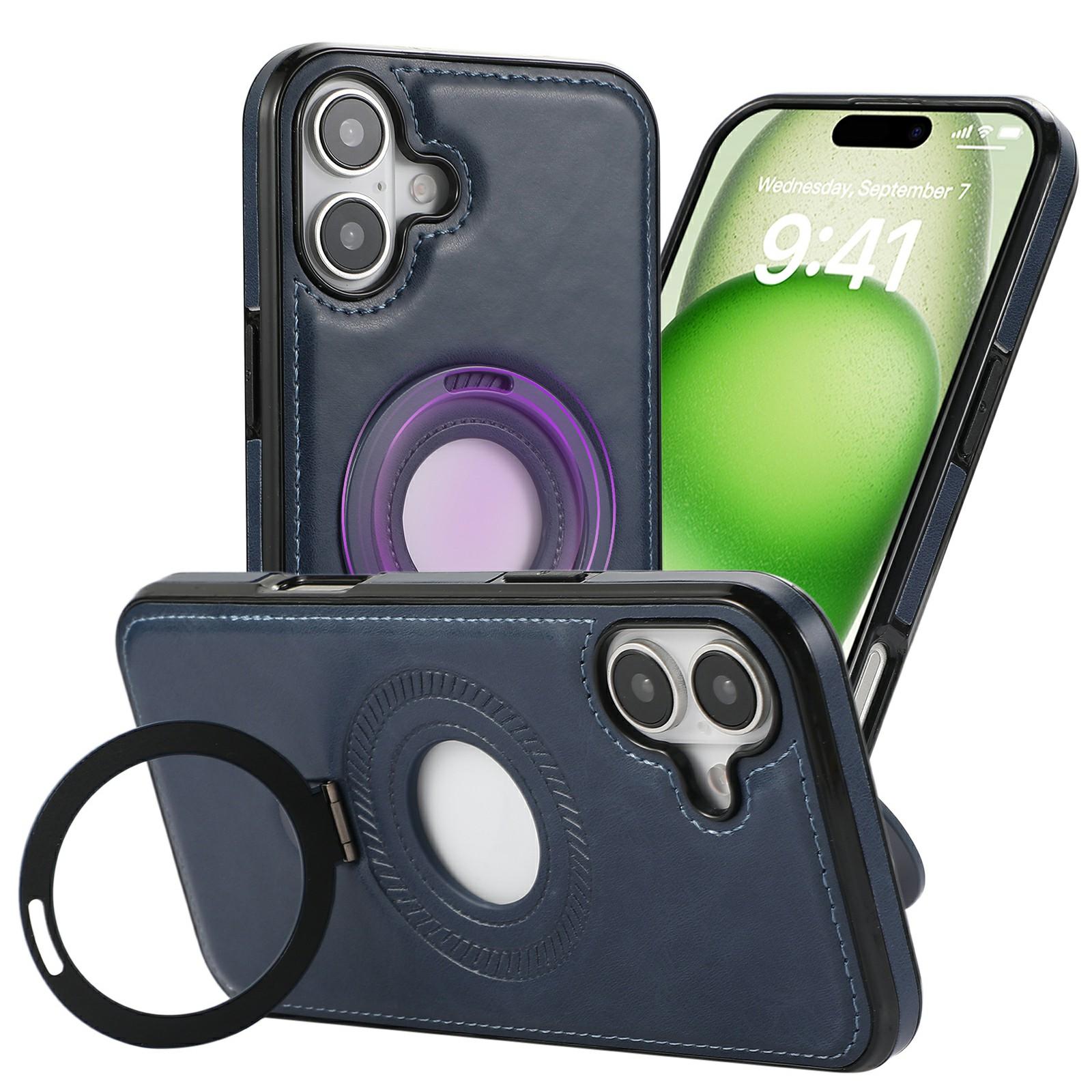 

For iPhone 16 Case Magnetic Kickstand PU Leather Coated PC+TPU Phone Cover Blue