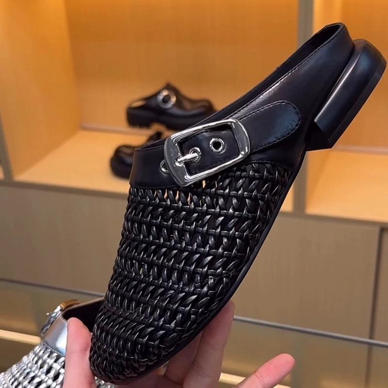 

Fashion High Quality Woven Mesh Flat Slippers Women Summer Breathable Round Toe Belt Buckle Slide Sandals Comfort Non-slip Beach Sandals 35 чёрный