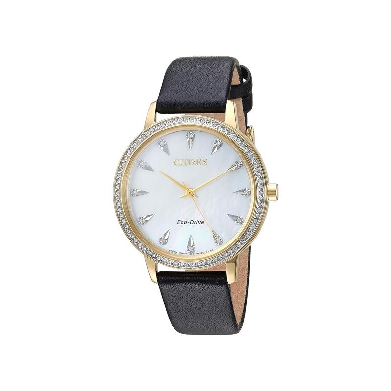 CITIZEN 50 meters waterproof, solar Quartz, leather strap, , 36mm women s watch, mother-of-pearl dial FE7042-07D бежевый