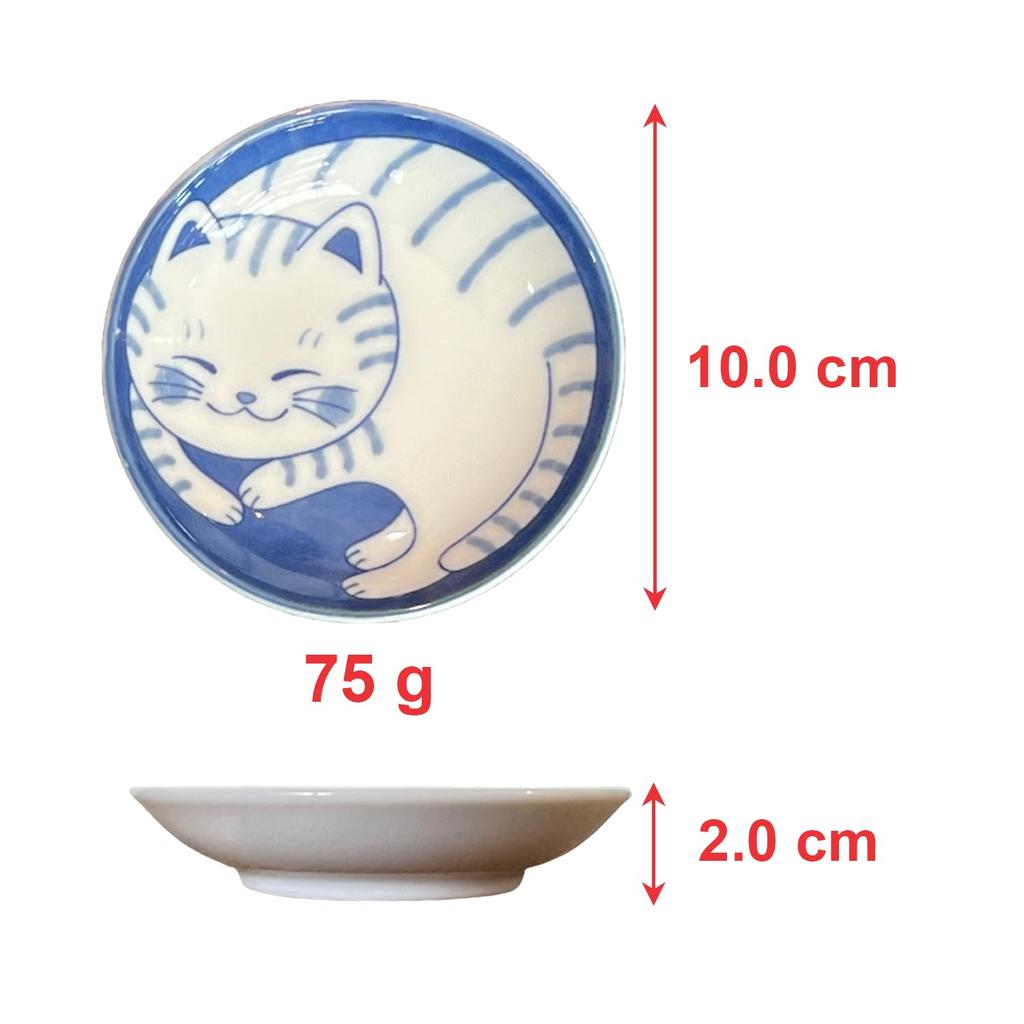 Fukubeya Mino Ware Malý talíř Nekogura 10 cm Vzor kočky Tora Sada 4 modrých kulatých talířů Přijímač malých kořenících sladkostí - Hachiware, Mike, Shima, -